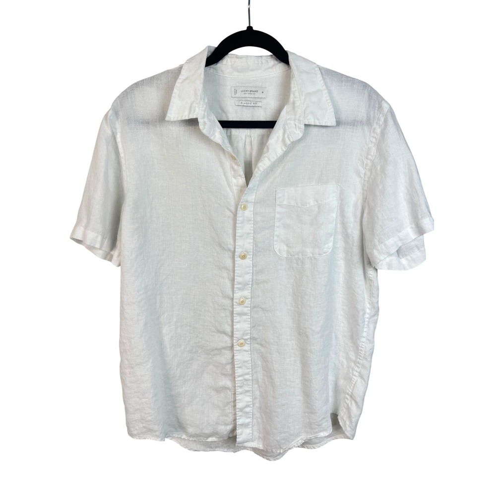 Lucky Brand Mens Shirt White Linen Short Sleeve Button Classic Fit Resort Size M